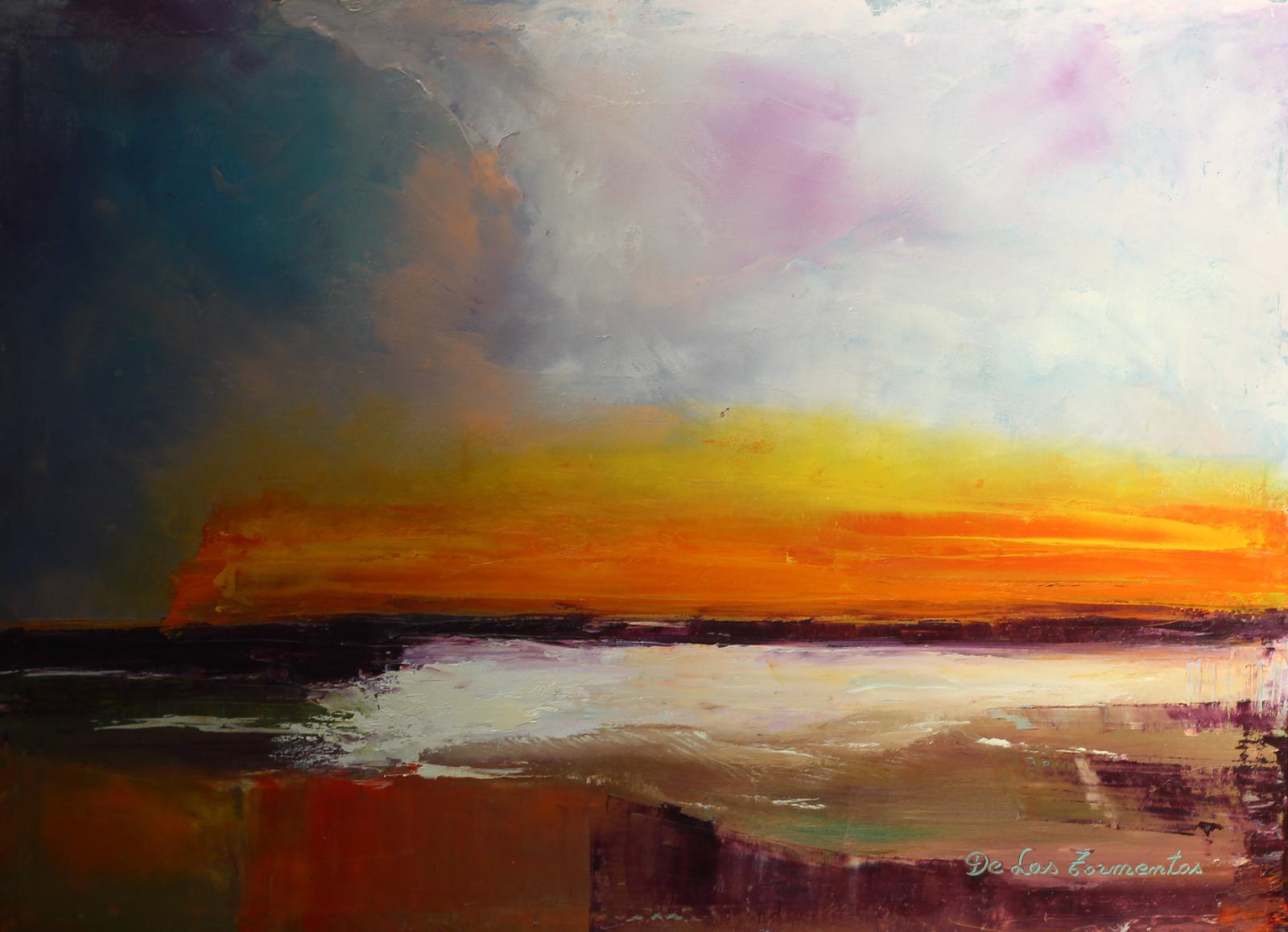 Obra de Tamara de las Tormentas: paisaje abstracto de ocaso naranja bajo nubes violetas