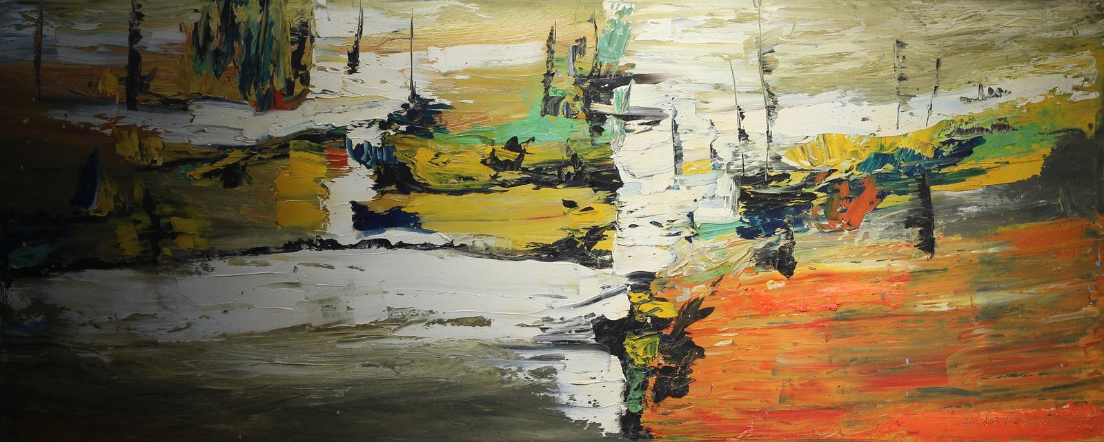Obra de Tamara de las Tormentas: abstracción de un puerto con mástiles en blanco, amarillo y naranja